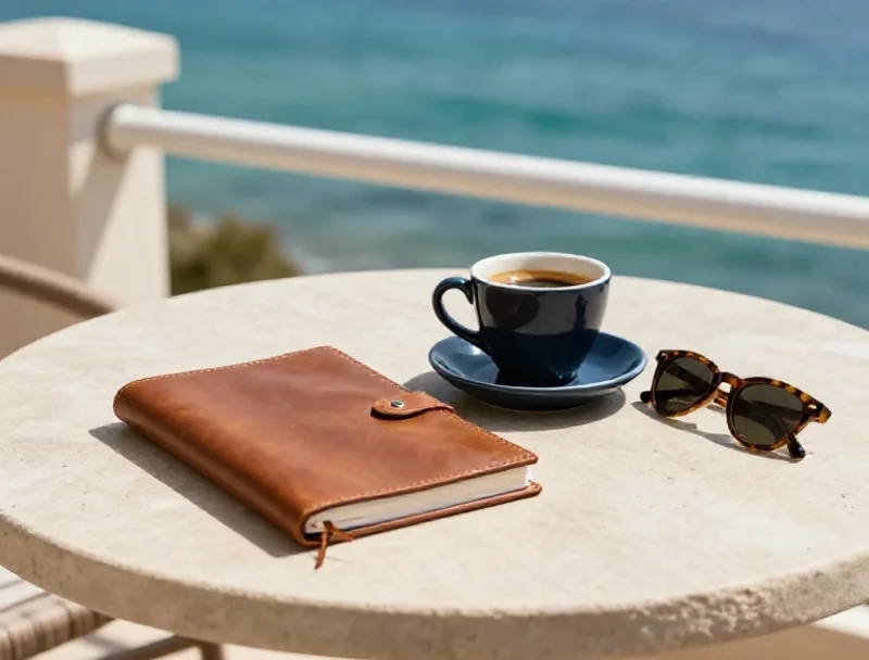 Café et carnet sur une terrasse à Biarritz, invitant à une lecture estivale reposante.